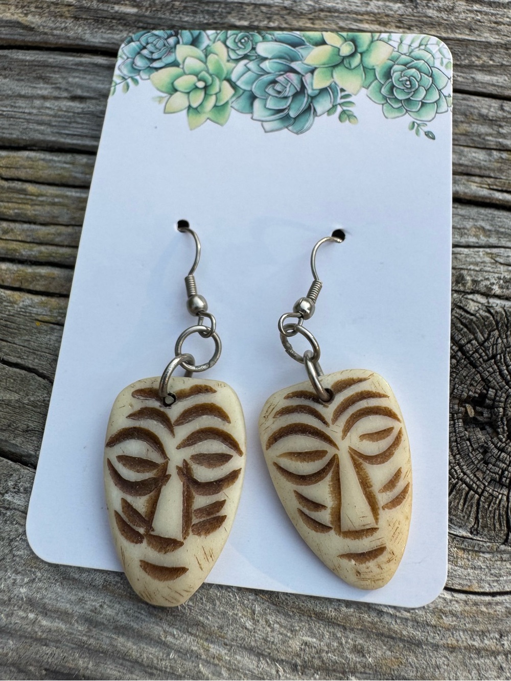 Hand-Carved Cream Tribal Mask Drop Earrings - Carved Bone